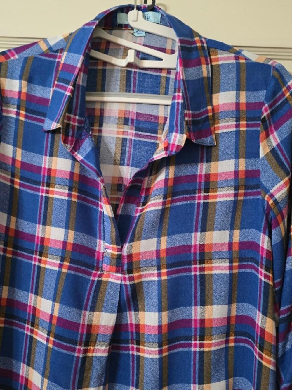 S She + Sky Plaid Shirt Dress / Tunic in bold royal blue / white, yellow, pink - Picture 6 of 7